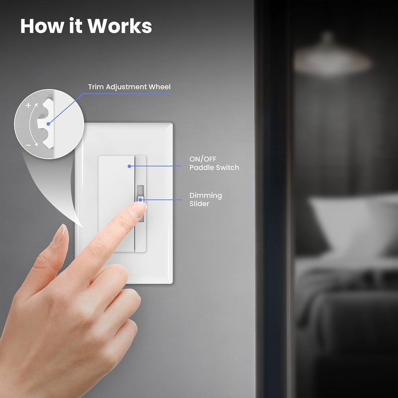 Feit Electric Paddle Dimmer Switch for Dimmable LED Light Bulbs, Single Pole or 3-Way Toggle Light Switch, Wall Plate and Wire Nut Installation Included, DIM/Paddle/2, 2 Pack - Image 5